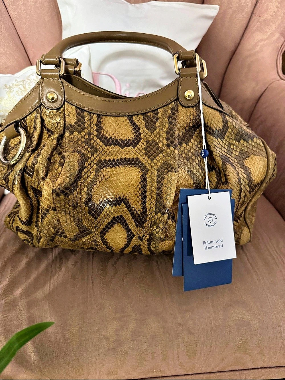 Gucci Sukey Tote Python Medium Shoulder Bag Brown & Gold